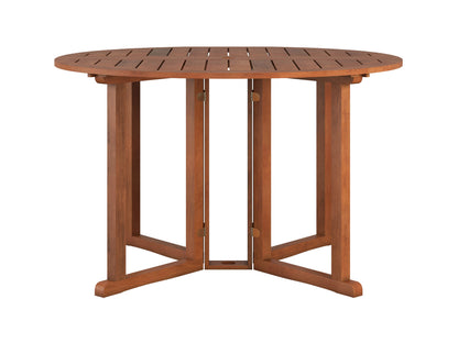 Brown outdoor drop leaf patio table with foldable sides and sturdy wooden construction.