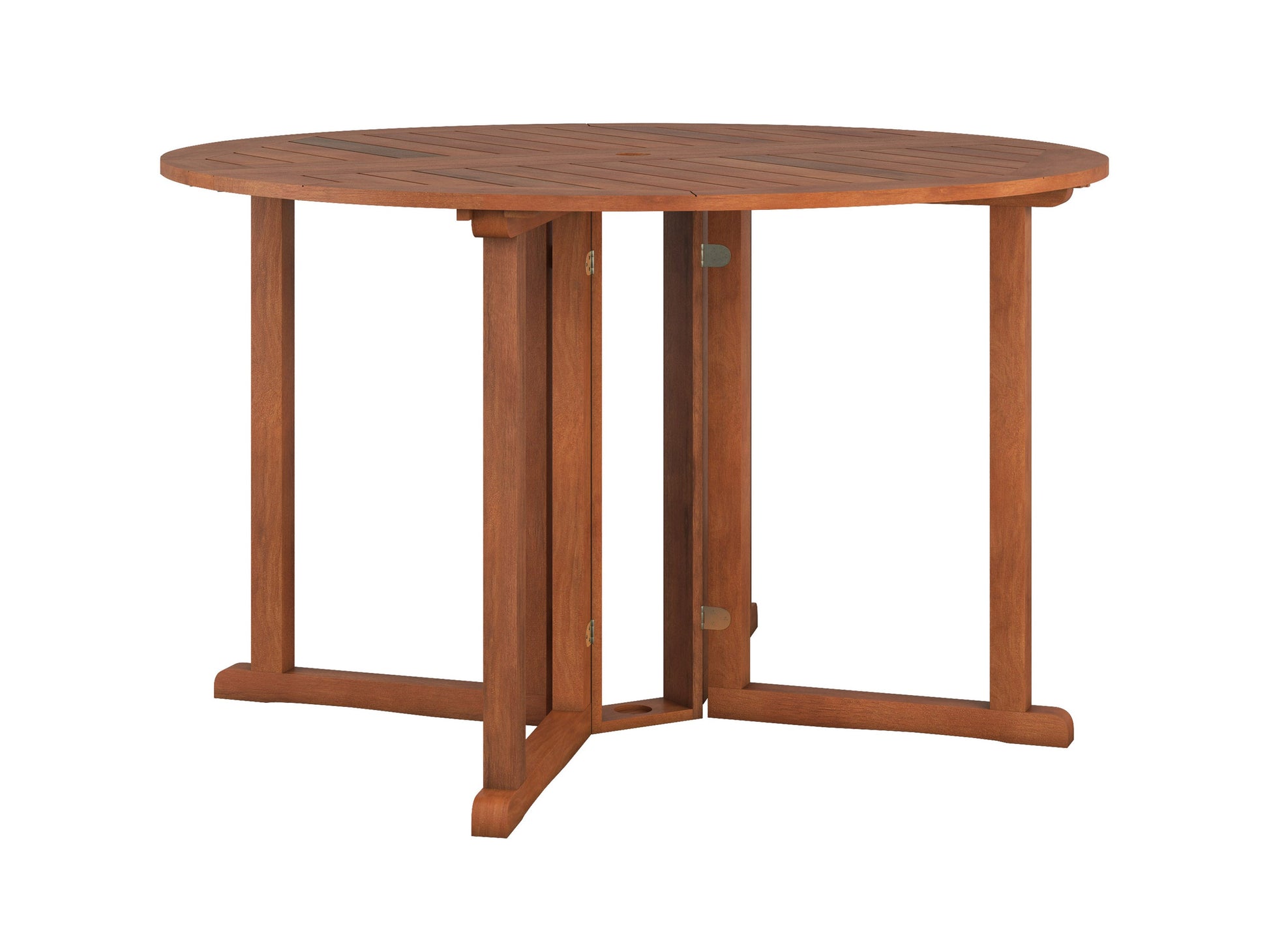 Brown outdoor drop leaf patio table with foldable sides, weather-resistant finish, and sturdy wooden construction.