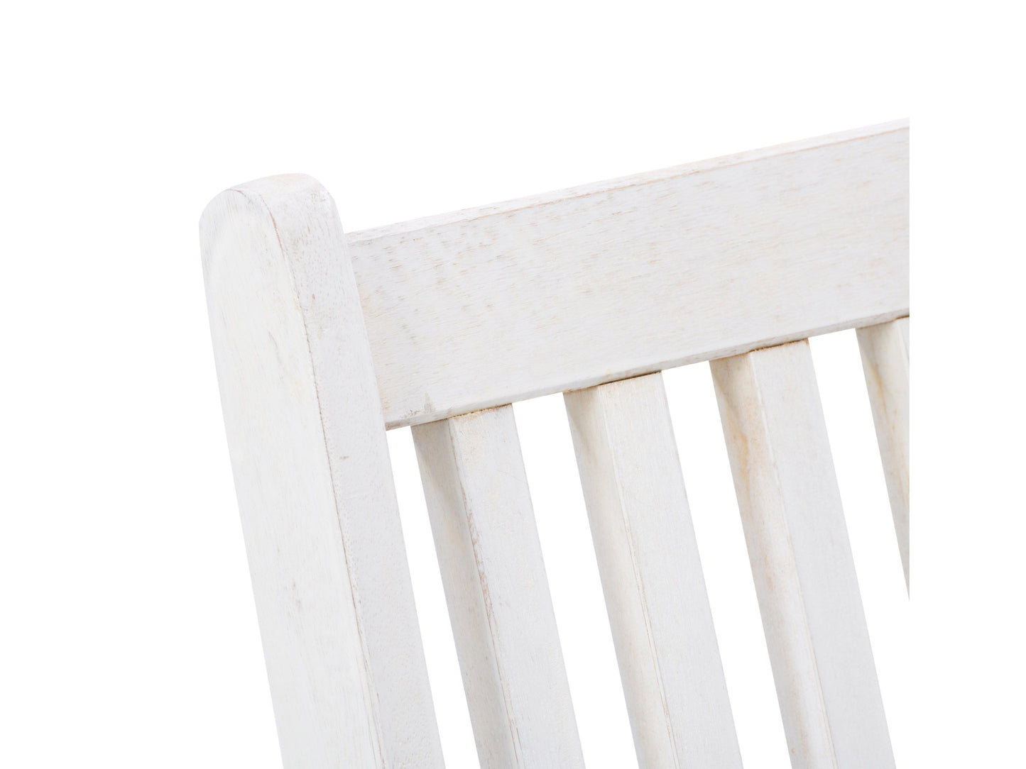 Washed white outdoor wood folding chairs, set of 2, with slatted seats and backs for patio or garden use.