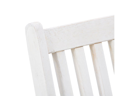 Washed white outdoor wood folding chairs, set of 2, with slatted seats and backs for patio or garden use.