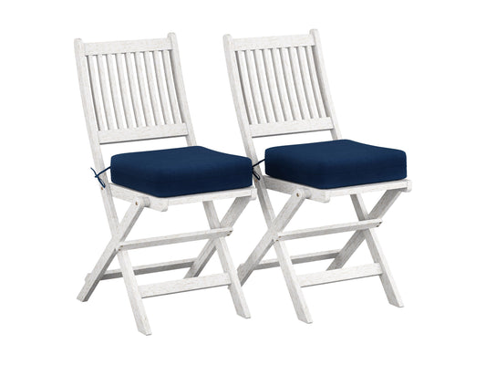 Washed white outdoor wood folding chairs, set of 2, with slatted seats and backs for patio or garden use.