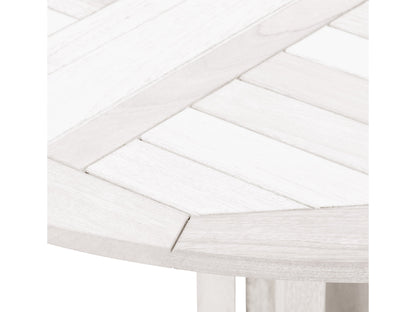 Washed white outdoor drop leaf patio table with slatted wood top and folding sides.