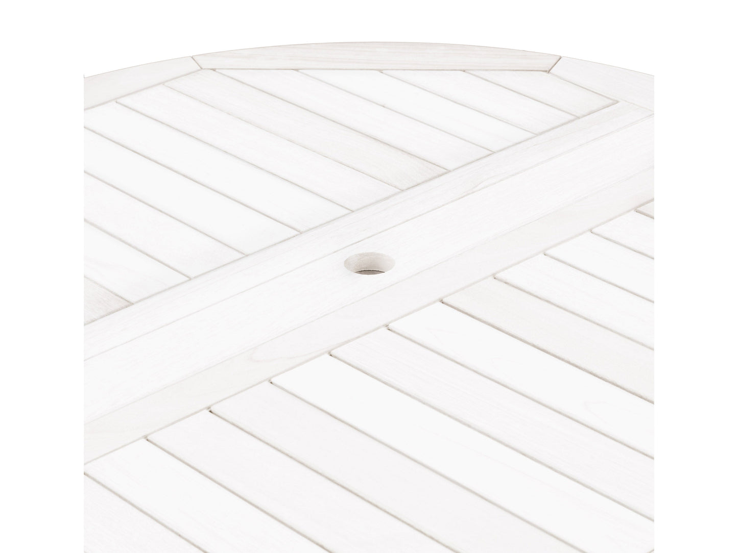 Washed white outdoor drop leaf patio table with slatted design and foldable sides.