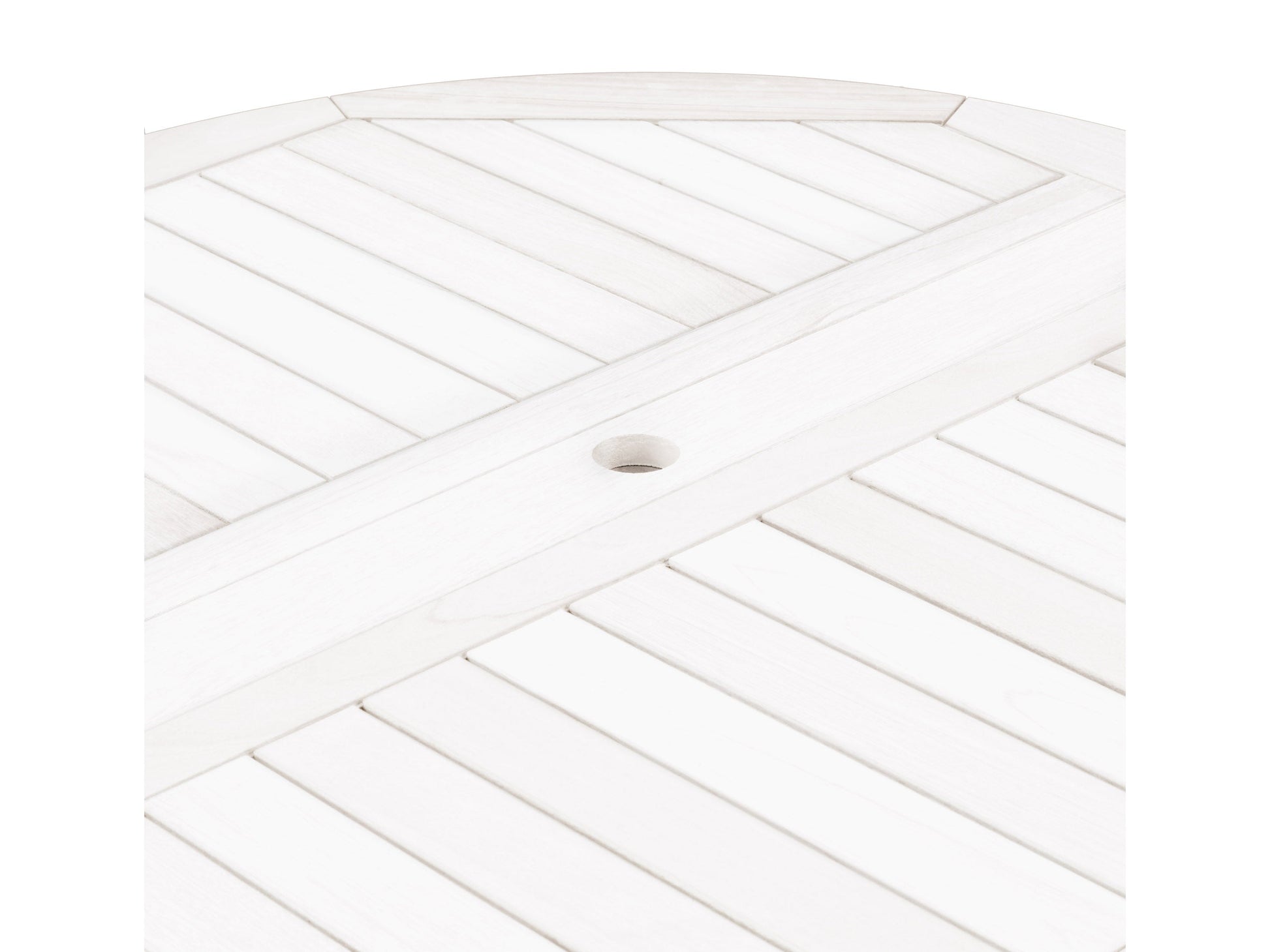 Washed white outdoor drop leaf patio table with slatted design and foldable sides.