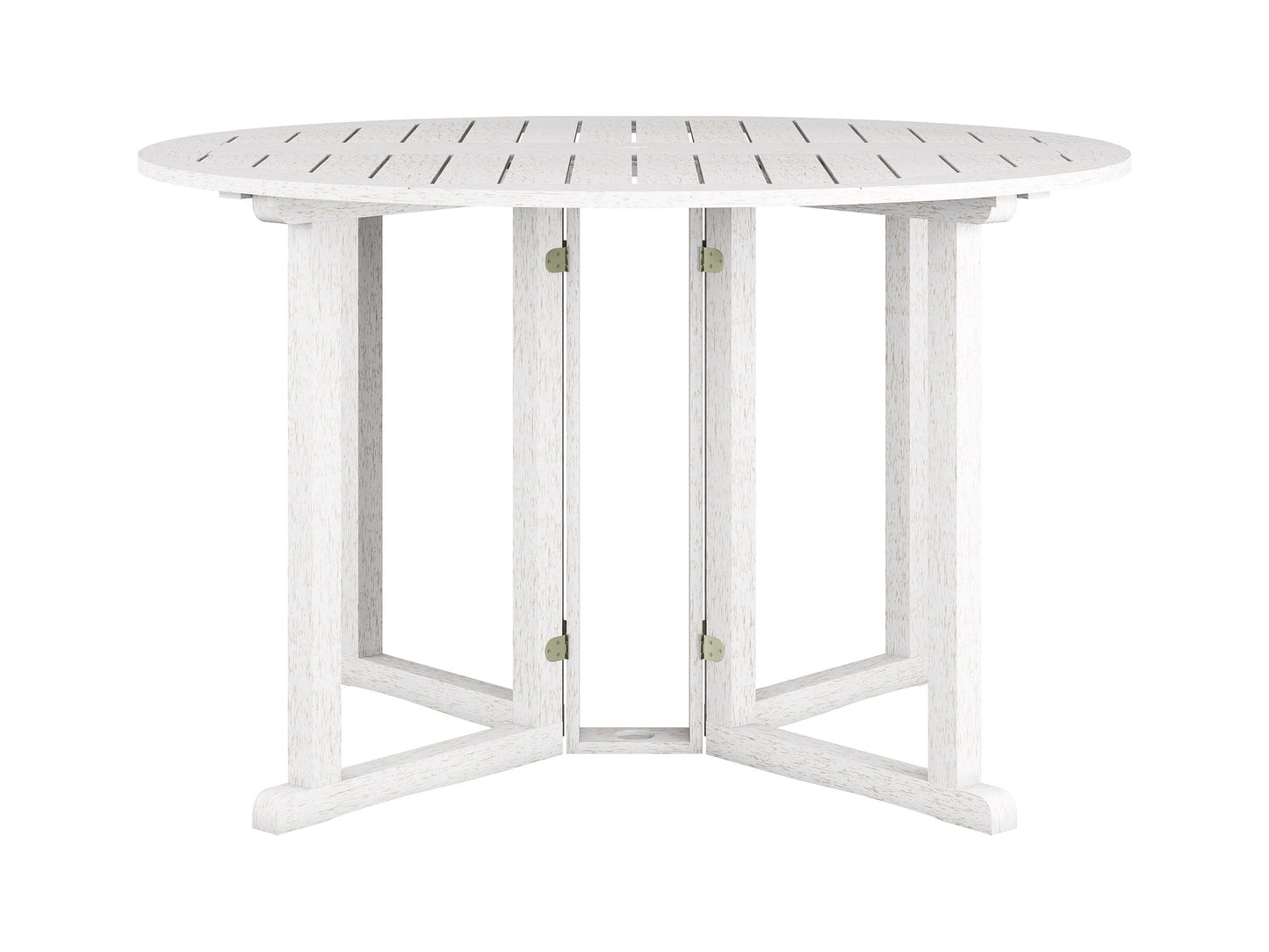Washed white outdoor drop leaf patio table with foldable design and durable wood construction.