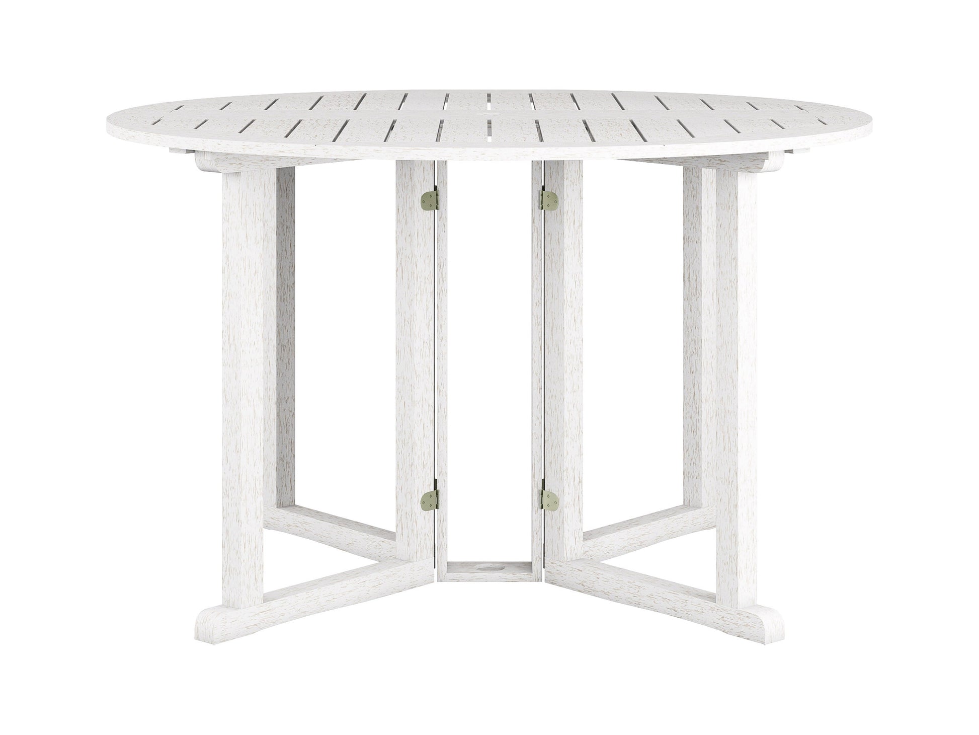 Washed white outdoor drop leaf patio table with foldable design and durable wood construction.