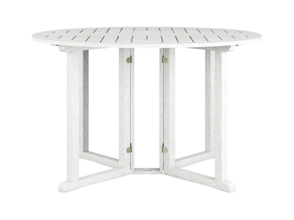 Washed white outdoor drop leaf patio table with foldable design and durable wood construction.
