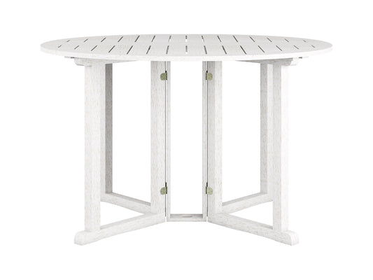 Washed white outdoor drop leaf patio table with foldable design and durable wood construction.