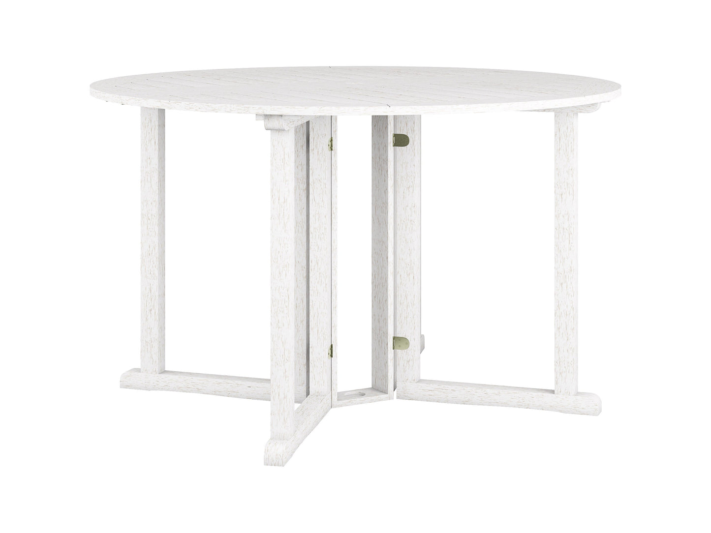 Washed white outdoor drop leaf patio table with slatted wood design and foldable sides.