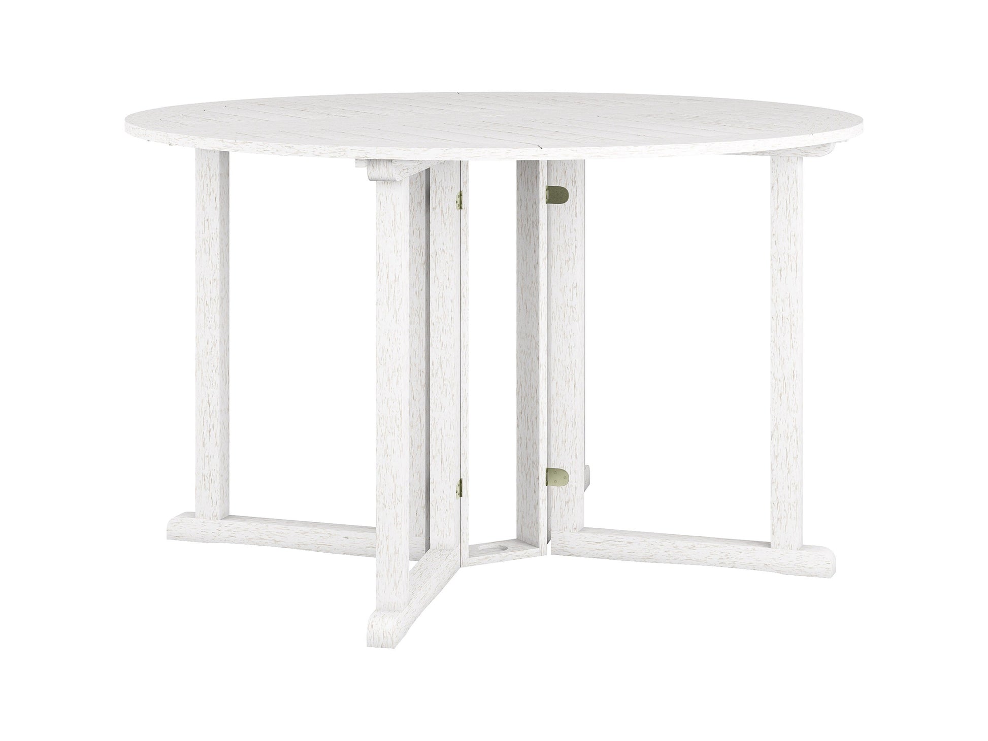 Washed white outdoor drop leaf patio table with slatted wood design and foldable sides.