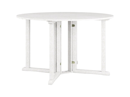 Washed white outdoor drop leaf patio table with slatted wood design and foldable sides.