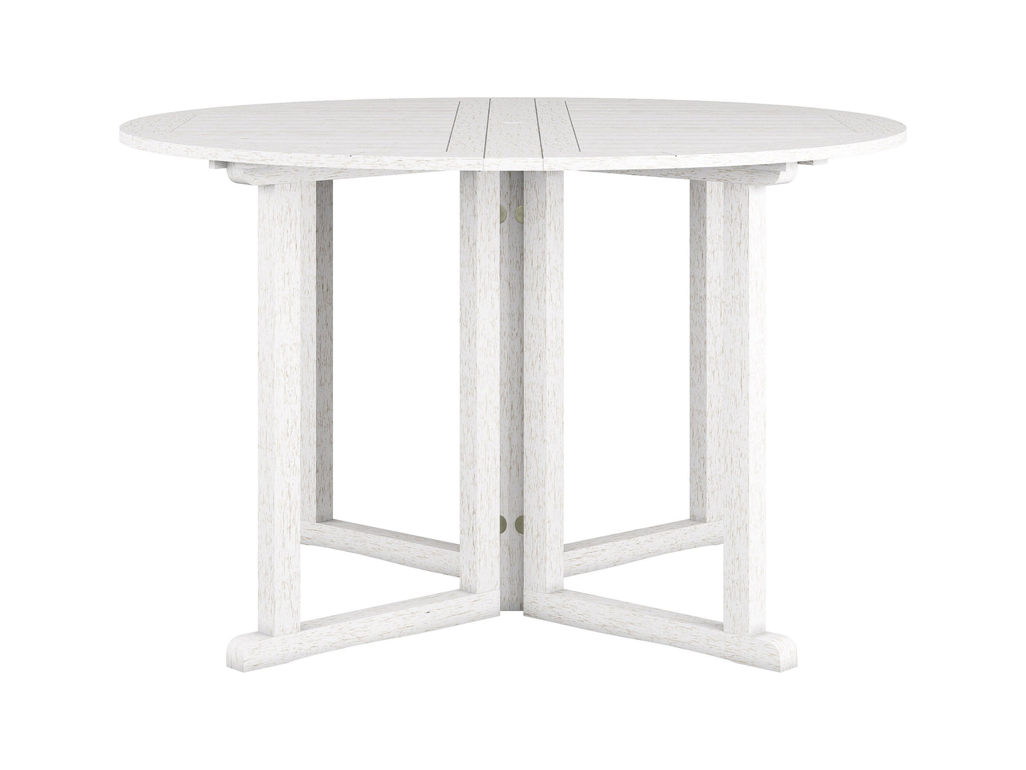 Washed white outdoor drop leaf patio table with slatted top and foldable design.