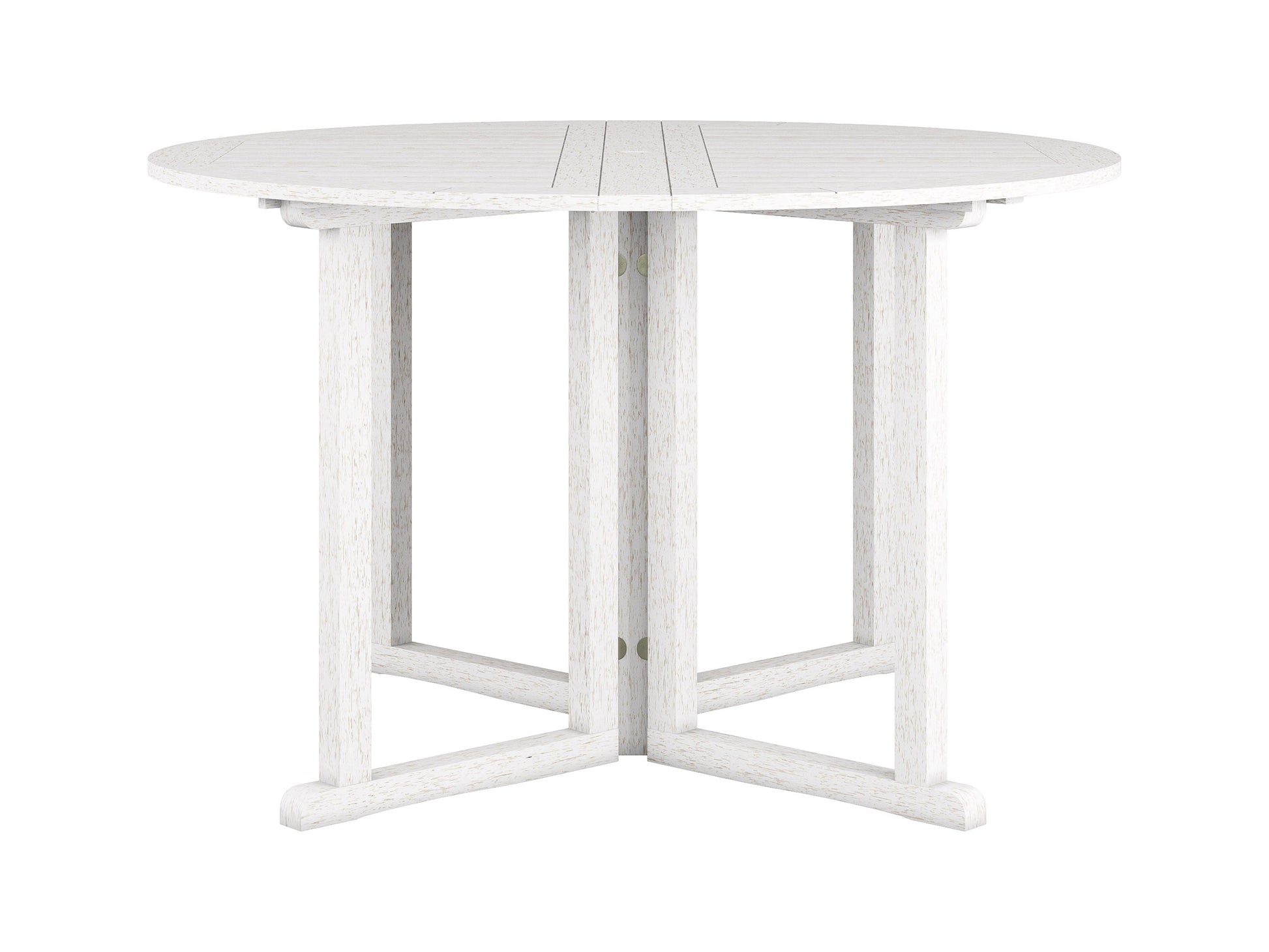 Washed white outdoor drop leaf patio table with slatted top and foldable design.