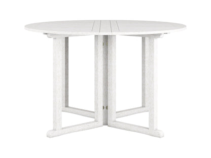Washed white outdoor drop leaf patio table with slatted top and foldable design.