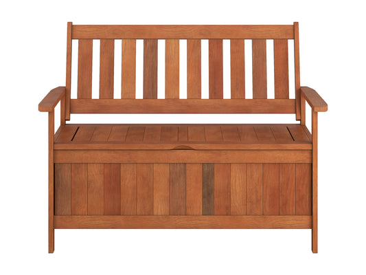 Brown wooden patio storage bench with slatted backrest, armrests, and under-seat storage compartment.