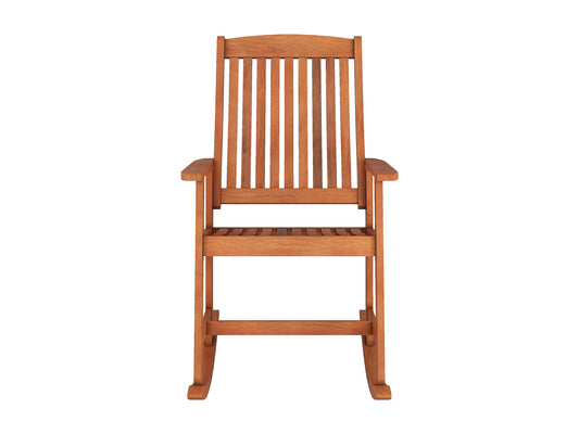 Brown outdoor rocking chair with curved wooden frame, padded seat, and backrest, perfect for patio relaxation.