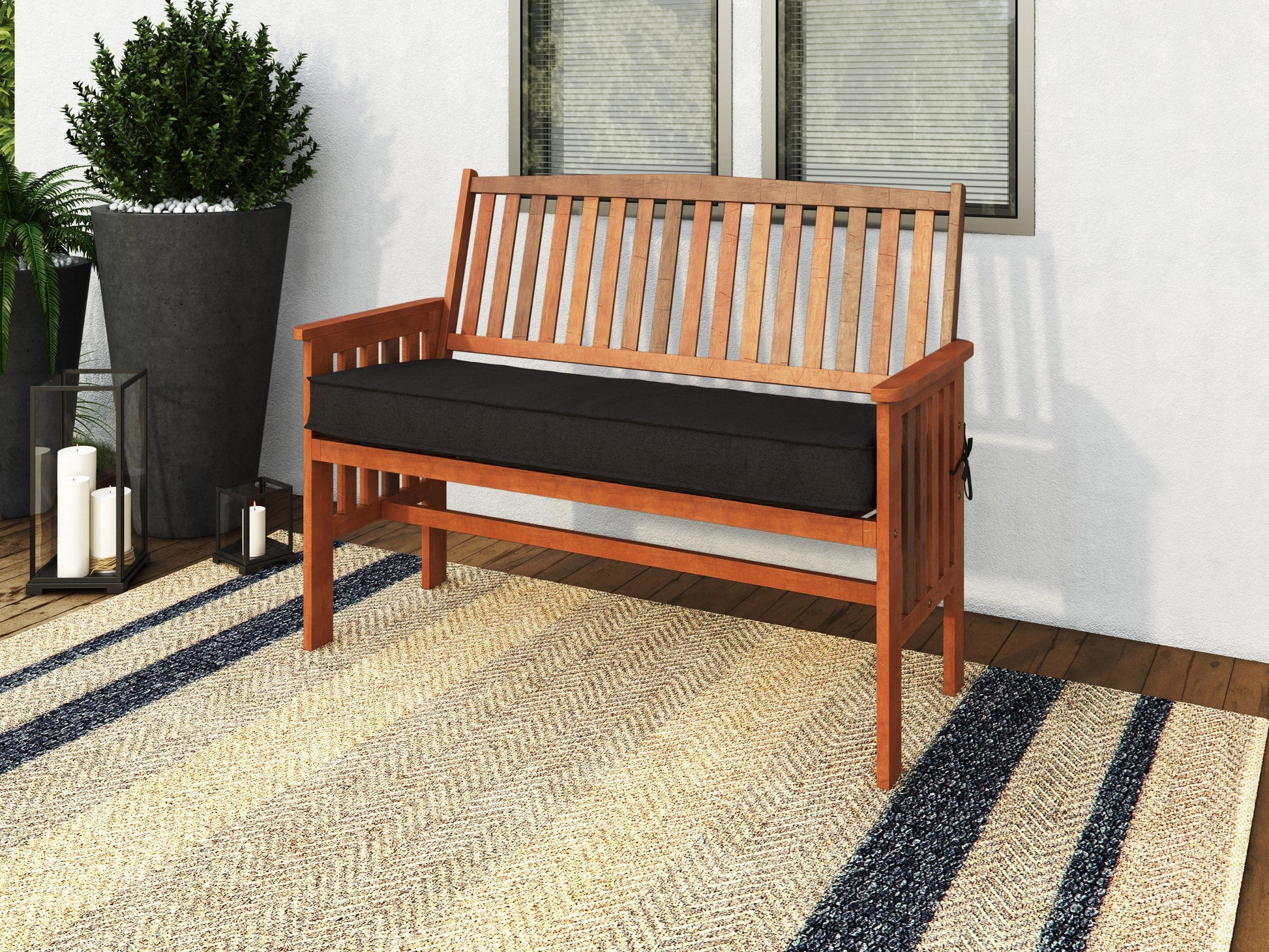 Brown wood patio bench with backrest, slatted design, sturdy construction, and weather-resistant finish.