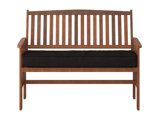 Brown wood patio bench with backrest, slatted design, and sturdy construction for outdoor seating.
