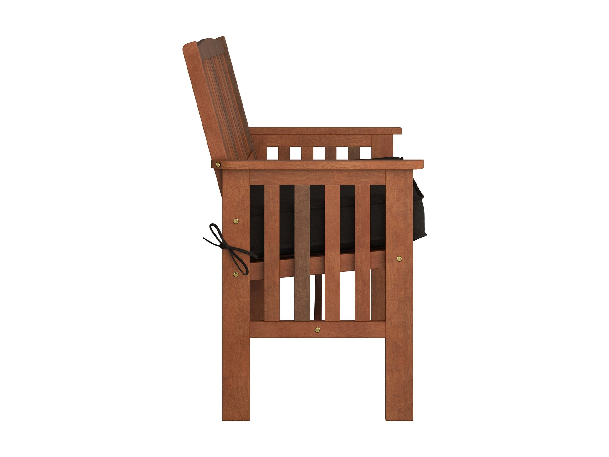Brown wood patio bench with backrest, slatted design, and sturdy legs for outdoor seating.