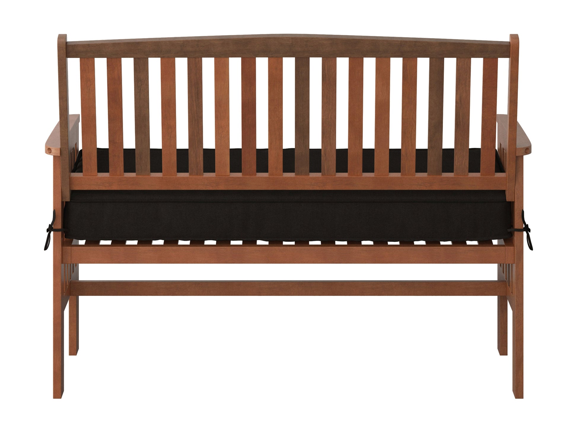 Brown wooden patio bench with backrest, featuring a slatted seat and sturdy construction for outdoor use.