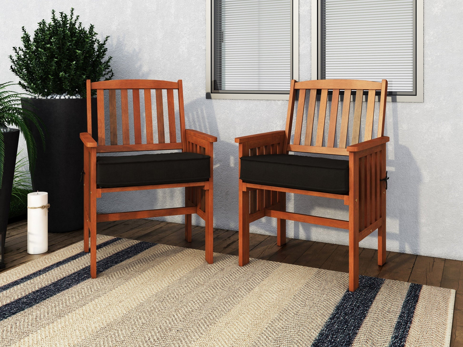 Brown wooden patio armchair set with cushioned seats, slatted backrest, and sturdy frame for outdoor use.