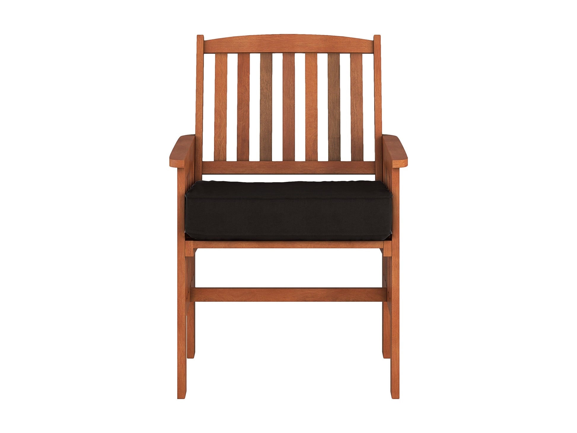 Brown wooden patio armchairs set of 2 with cushioned seats and slatted backs, perfect for outdoor relaxation.