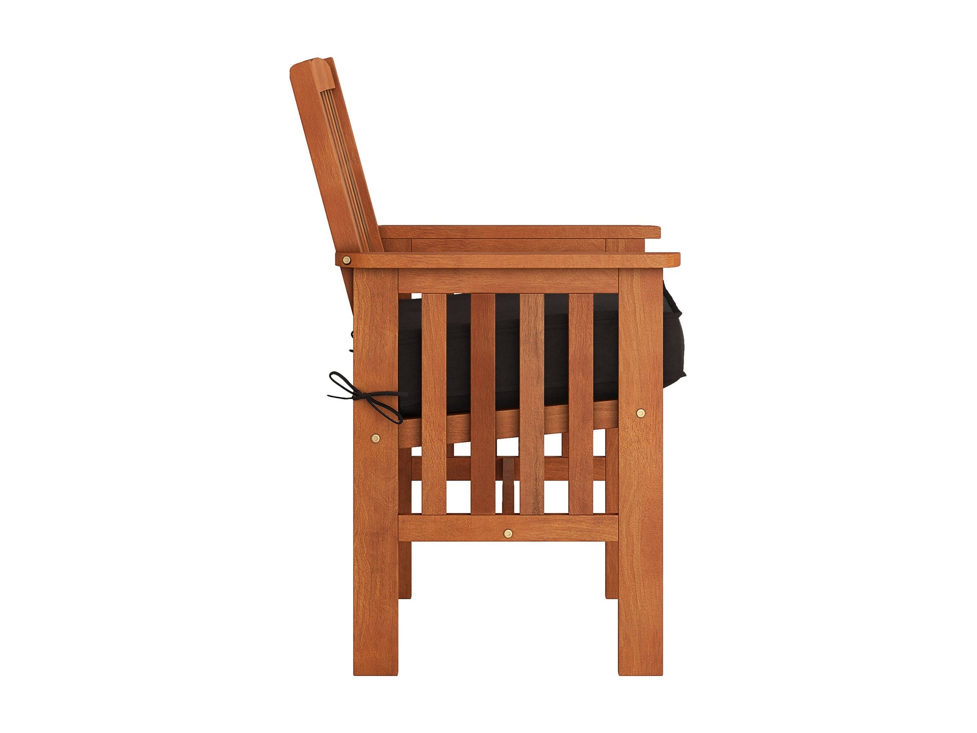 Elegant brown wooden patio armchair set, slatted backrest, and comfortable seat for outdoor use.