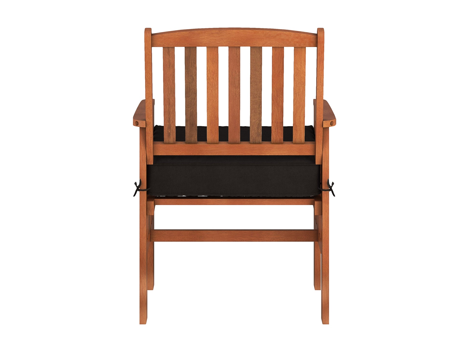 Brown wooden patio armchair set, slatted backrest, and armrests, weather-resistant finish, perfect for outdoor seating.