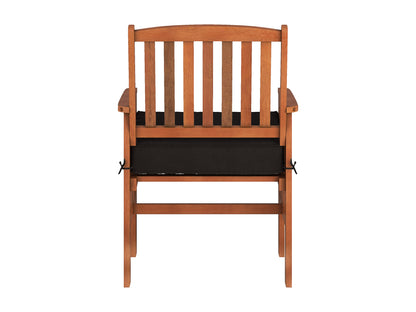 Brown wooden patio armchair set, slatted backrest, and armrests, weather-resistant finish, perfect for outdoor seating.