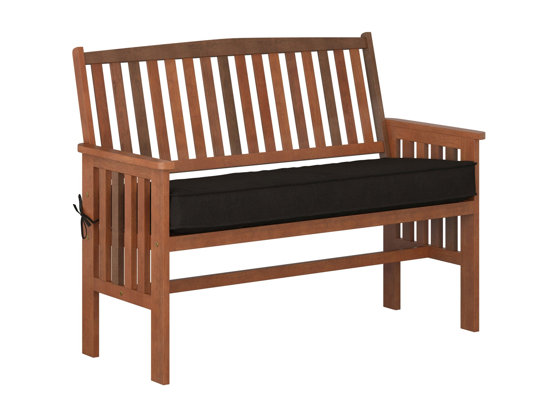 4-piece brown wooden patio conversation set with cushioned seats and slatted design.