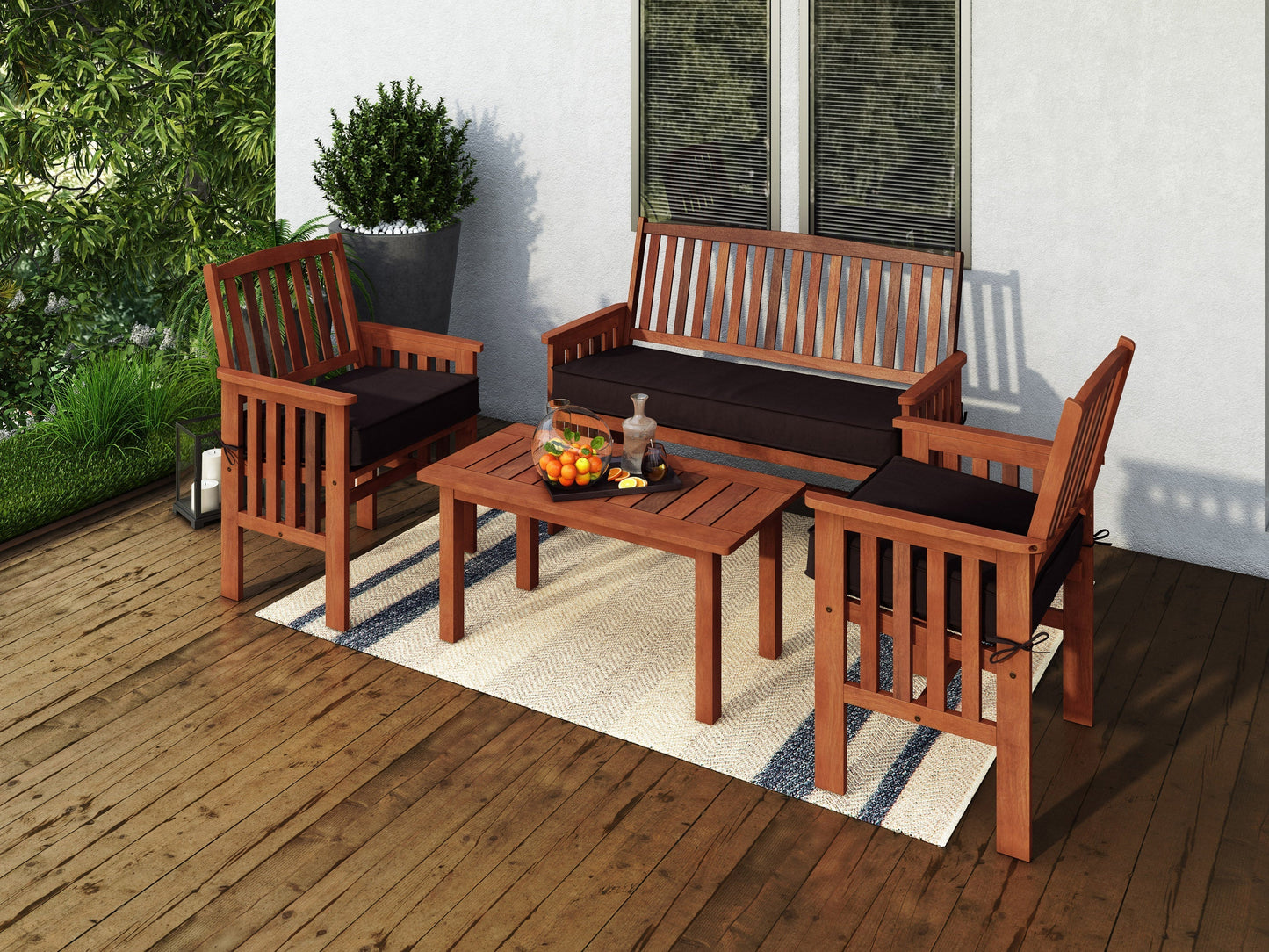 4-piece wooden patio conversation set in brown with beige cushions and sleek design.