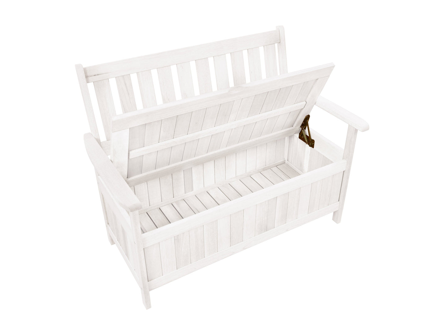 Washed white wooden patio bench with storage, slatted backrest, and spacious seating.