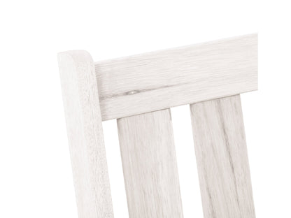 Washed white wooden patio storage bench with slatted backrest and spacious seat.