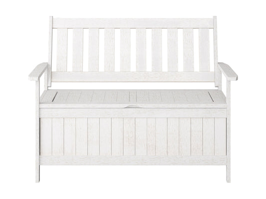Washed white wooden patio storage bench with slatted backrest and spacious under-seat storage.
