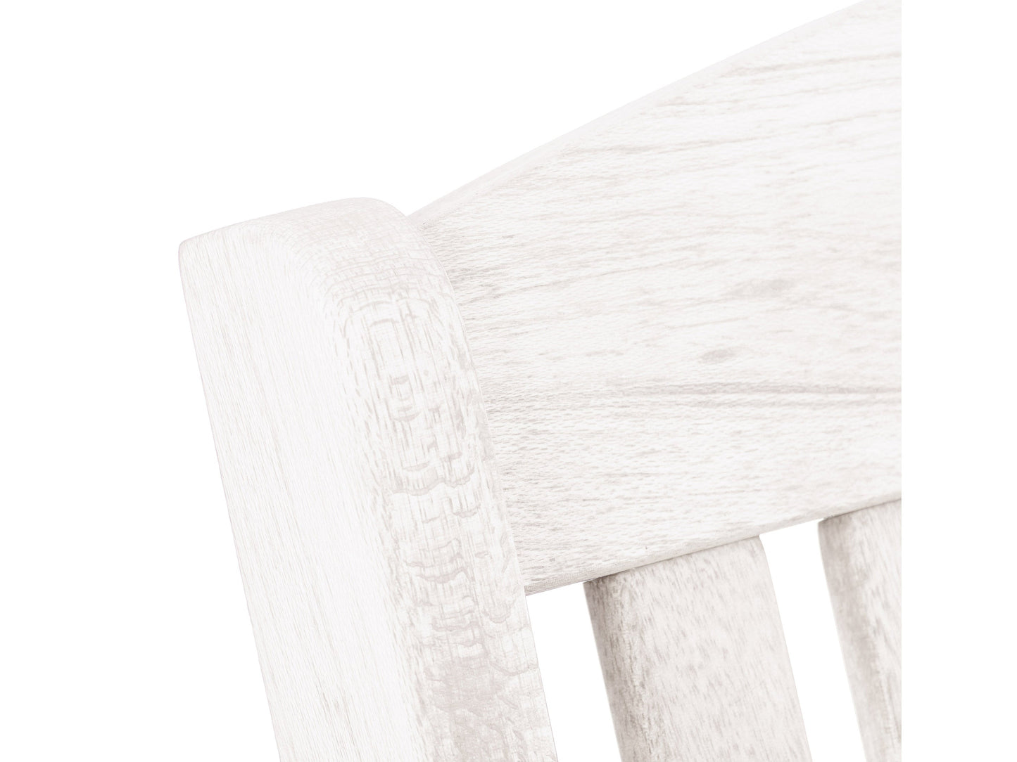 Washed white outdoor rocking chair with wooden frame and slatted backrest, perfect for patio lounging.