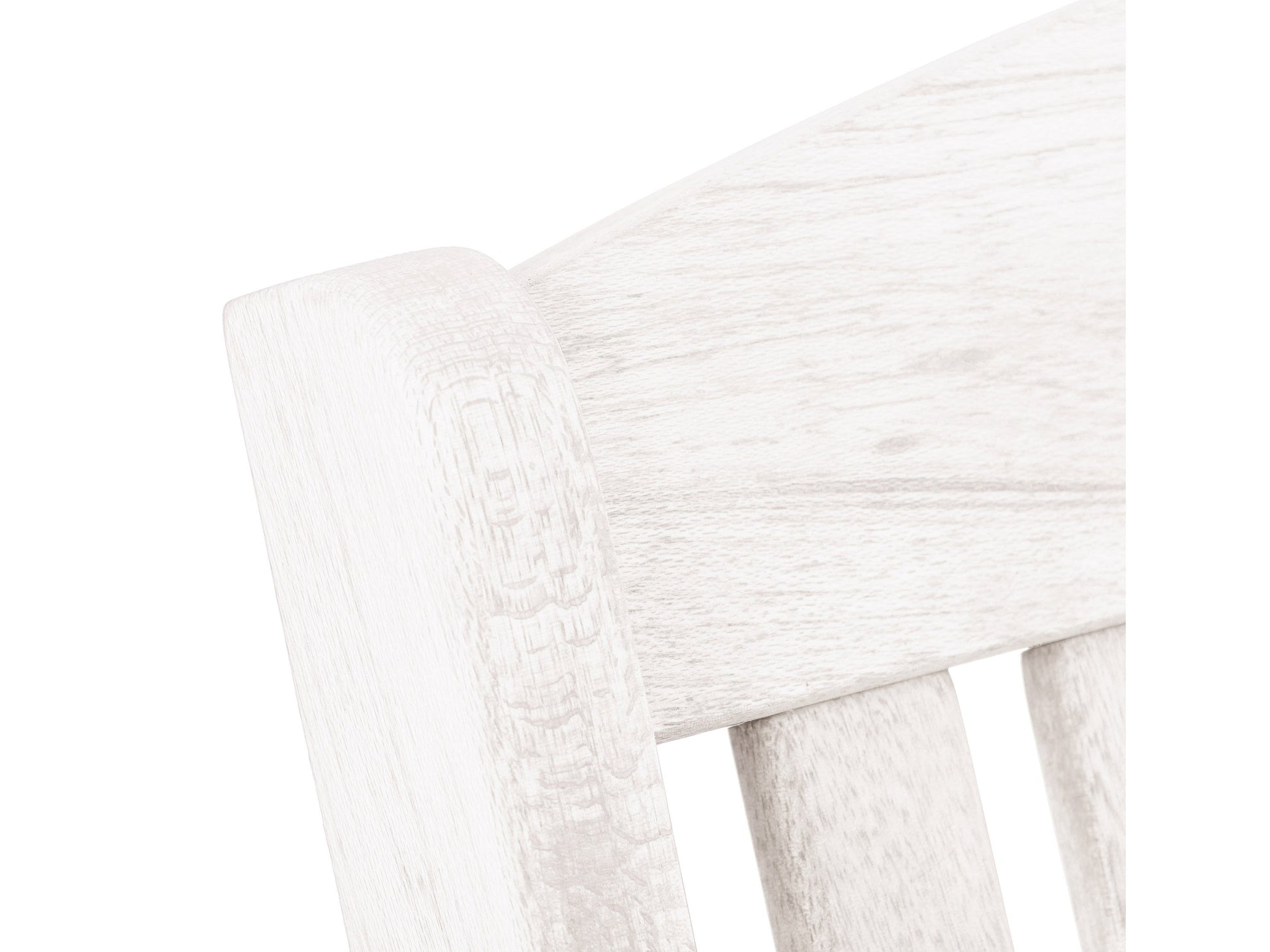 Washed white outdoor rocking chair with wooden frame and slatted backrest, perfect for patio lounging.