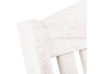 Washed white outdoor rocking chair with wooden frame and slatted backrest, perfect for patio lounging.