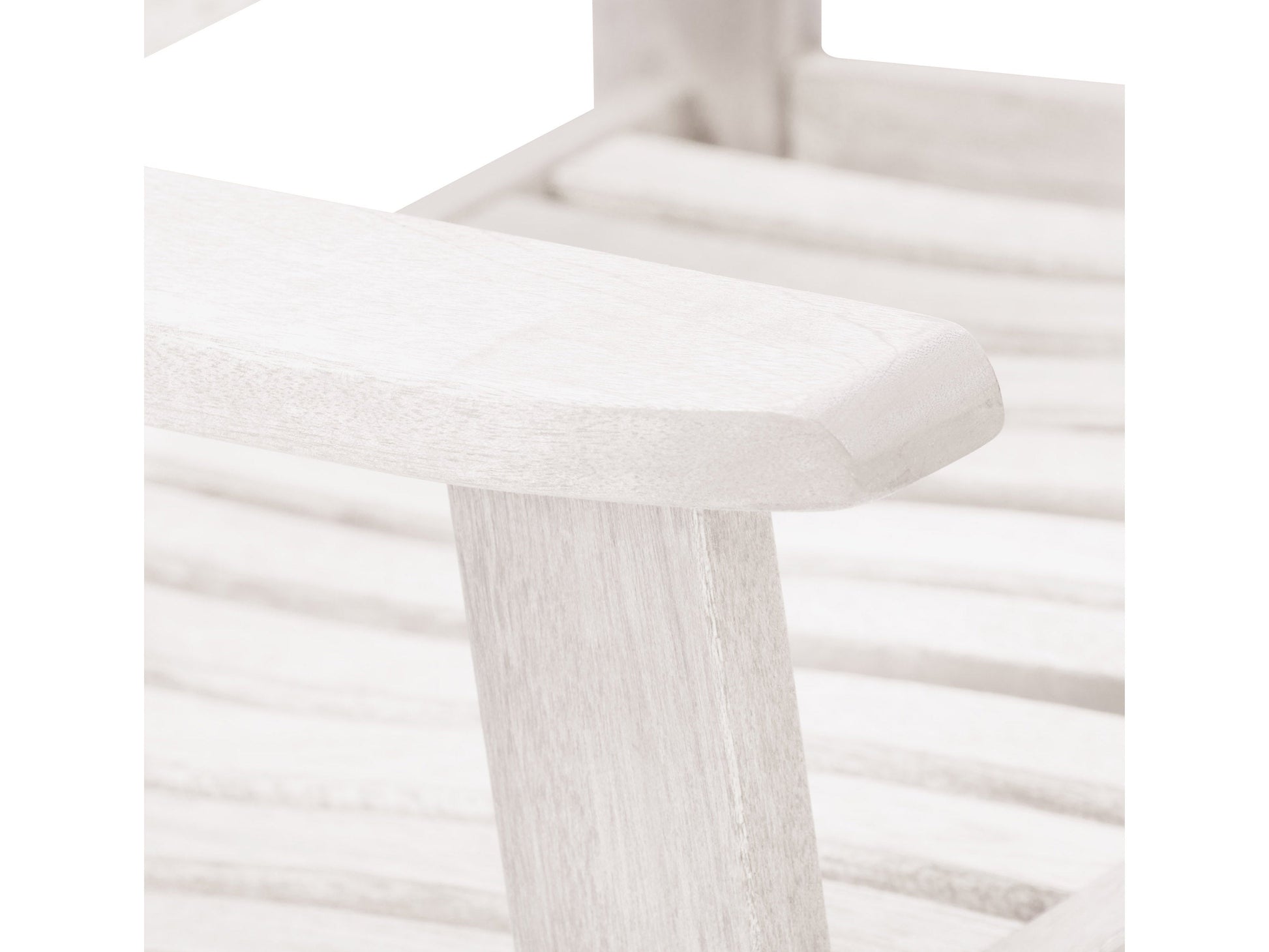 Washed white outdoor rocking chair, wooden frame, slatted backrest, and weather-resistant finish for patio use.