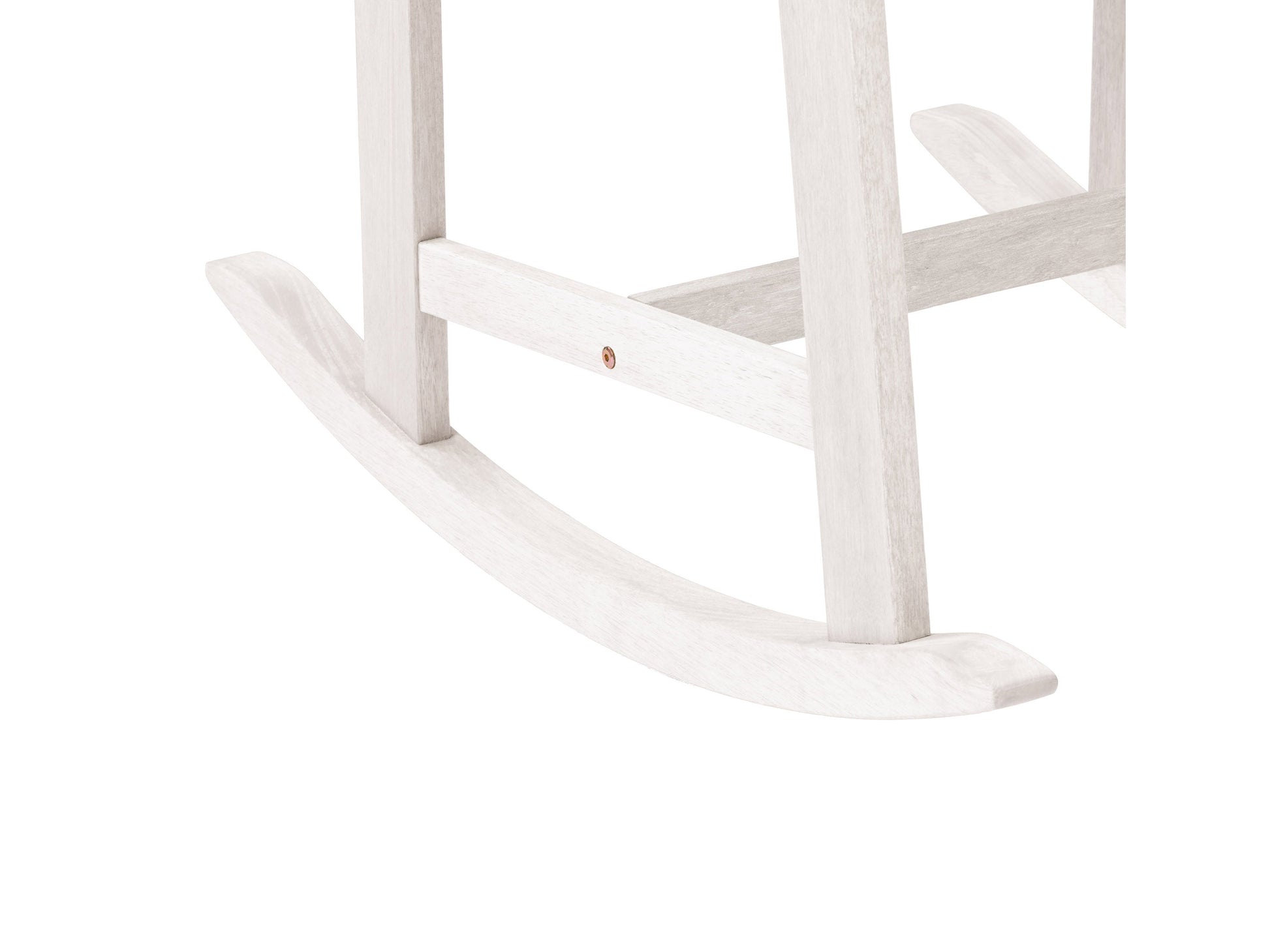 Washed white outdoor rocking chair with slatted back, wooden frame, and ergonomic design for patio use.