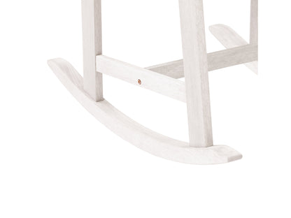 Washed white outdoor rocking chair with slatted back, wooden frame, and ergonomic design for patio use.