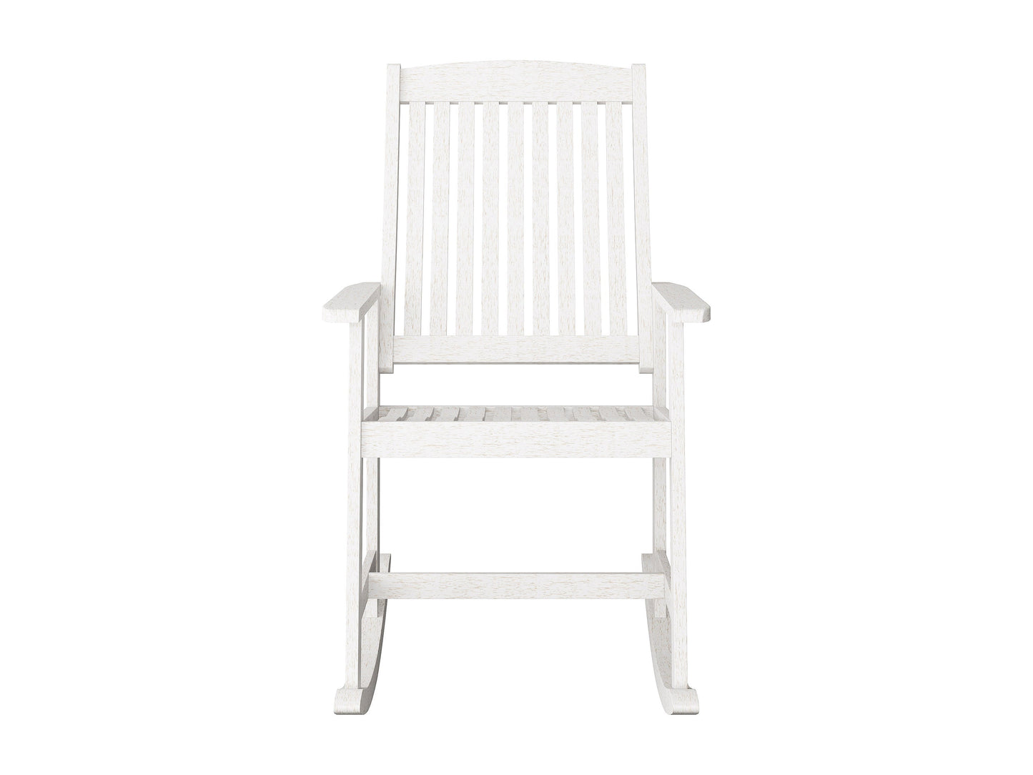 Washed white outdoor rocking chair with wooden frame, slatted back, and armrests for patio or garden relaxation.