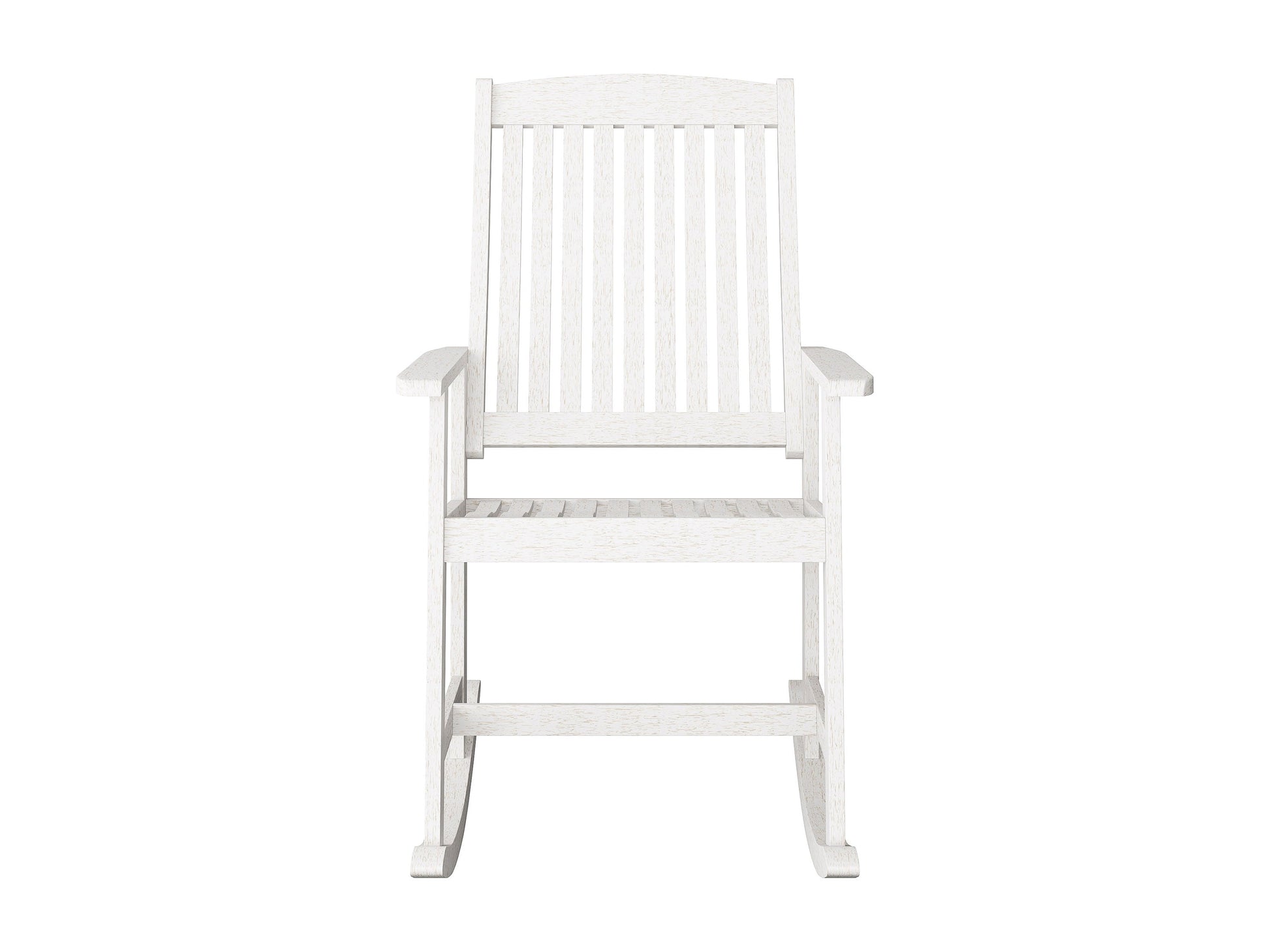 Washed white outdoor rocking chair with wooden frame, slatted back, and armrests for patio or garden relaxation.