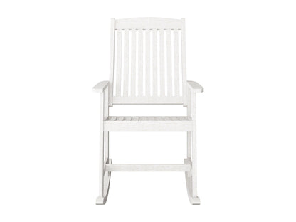 Washed white outdoor rocking chair with wooden frame, slatted back, and armrests for patio or garden relaxation.