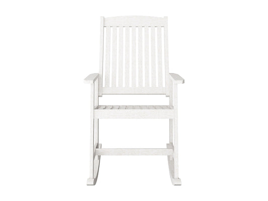 Washed white outdoor rocking chair with wooden frame, slatted back, and armrests for patio or garden relaxation.
