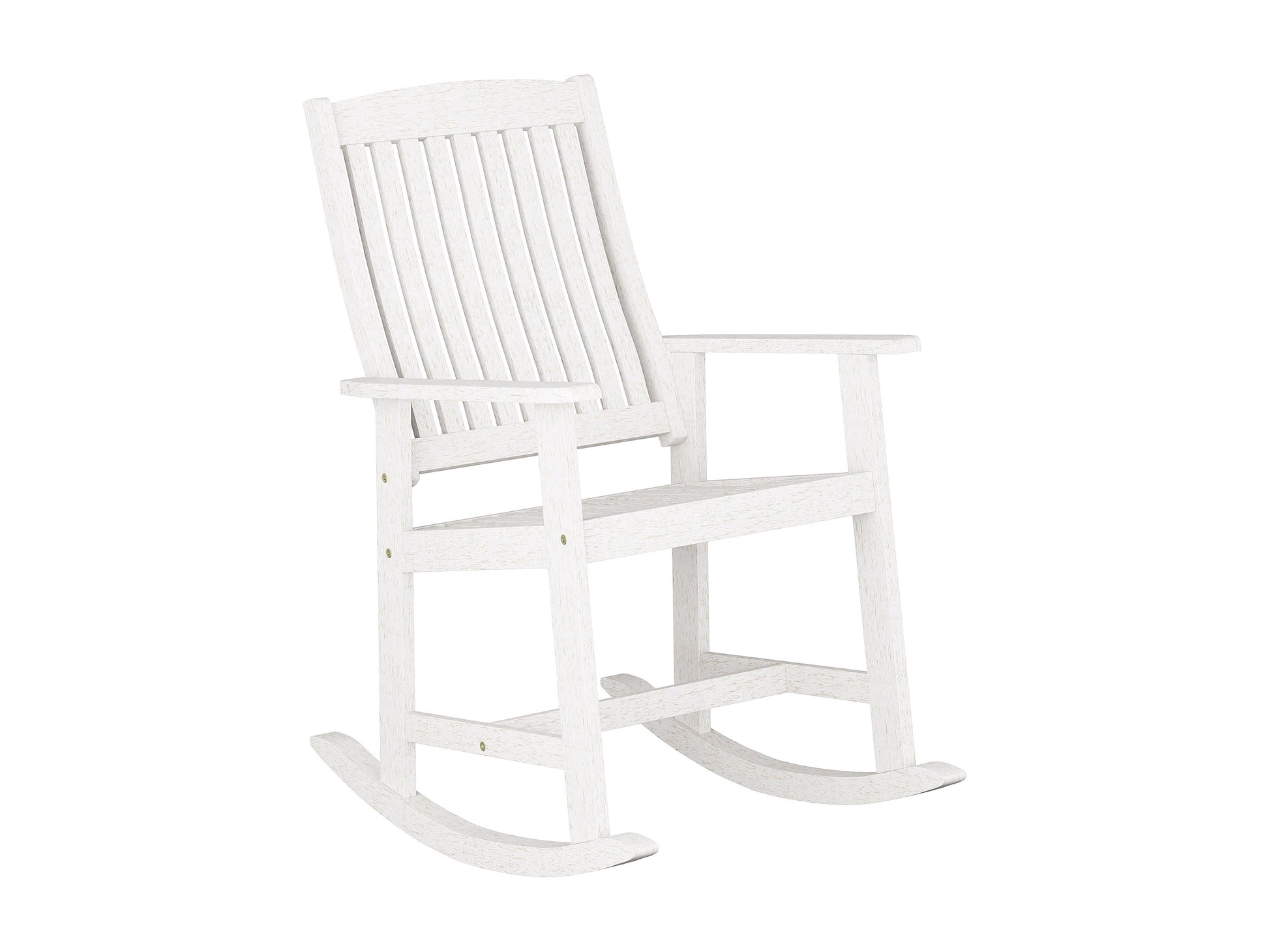 Washed white outdoor rocking chair with wooden frame, slatted back, and weather-resistant finish for patio or garden.
