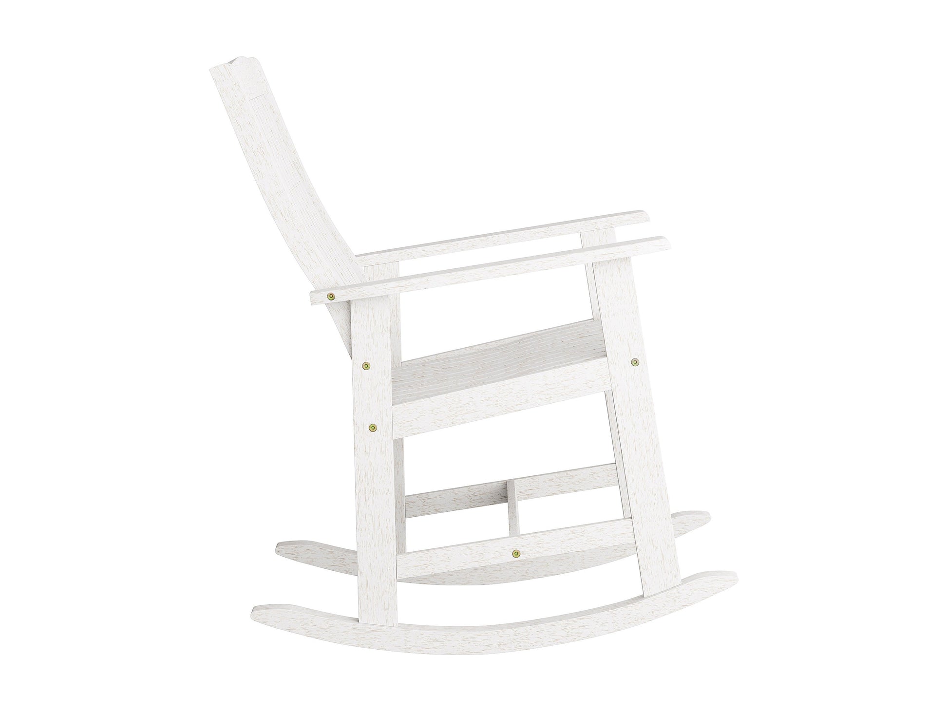 Washed white outdoor rocking chair with slatted wood design, curved armrests, and sturdy build for patio use.