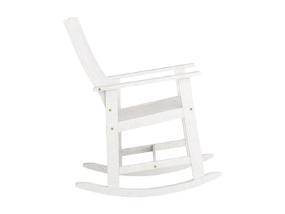 Washed white outdoor rocking chair with slatted wood design, curved armrests, and sturdy build for patio use.
