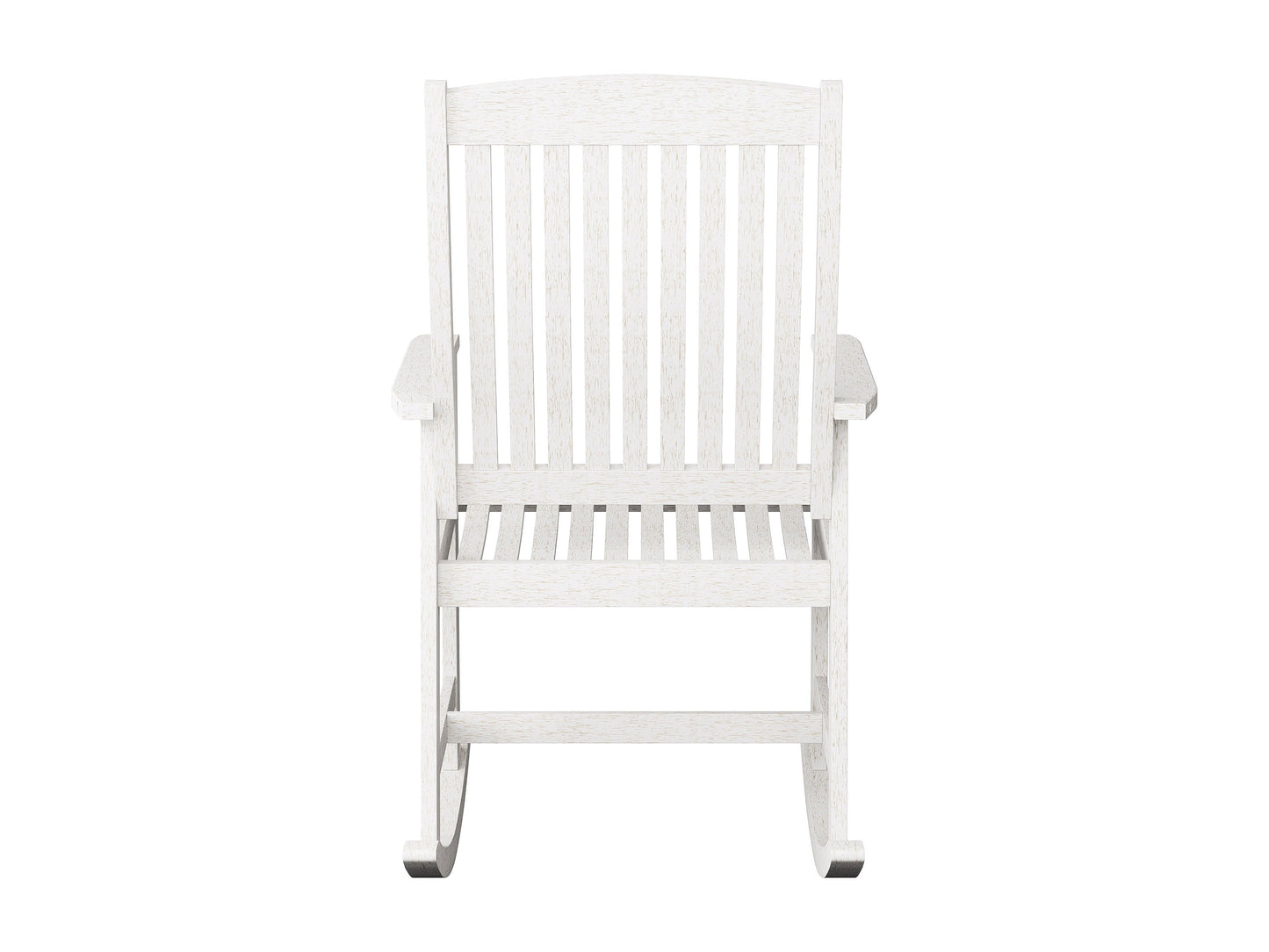 Washed white outdoor rocking chair with woven backrest, wooden frame, and comfortable seat cushions.