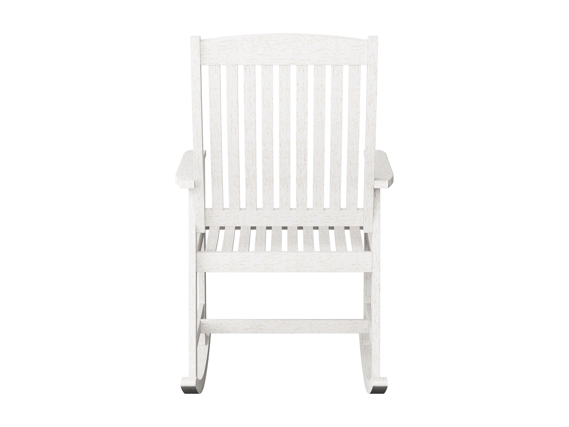 Washed white outdoor rocking chair with woven backrest, wooden frame, and comfortable seat cushions.
