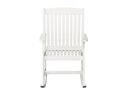 Washed white outdoor rocking chair with woven backrest, wooden frame, and comfortable seat cushions.